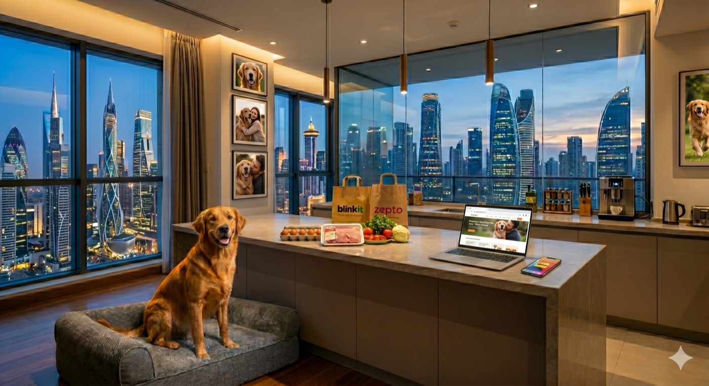 A dog with grocery delivery against the Indian city skyline