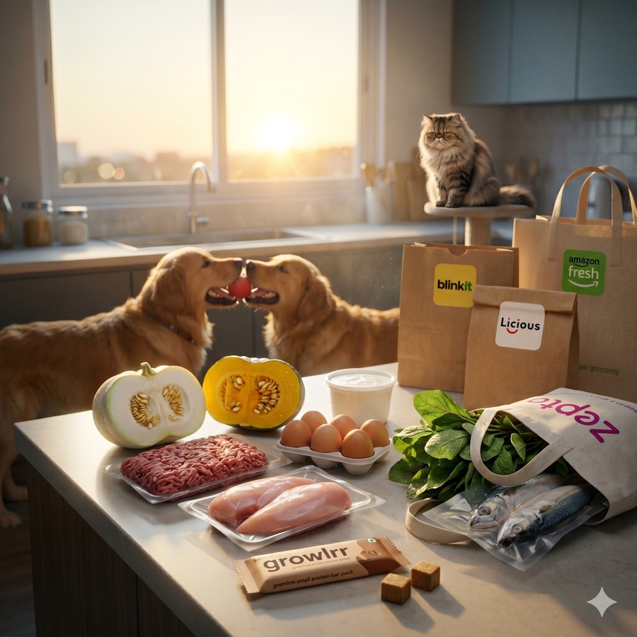 An Indian kitchen with a cat, dog and fresh groceries